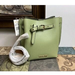 Michael Kors Light Green Pebbled Leather Bucket Shoulder Bag with Belt Detail